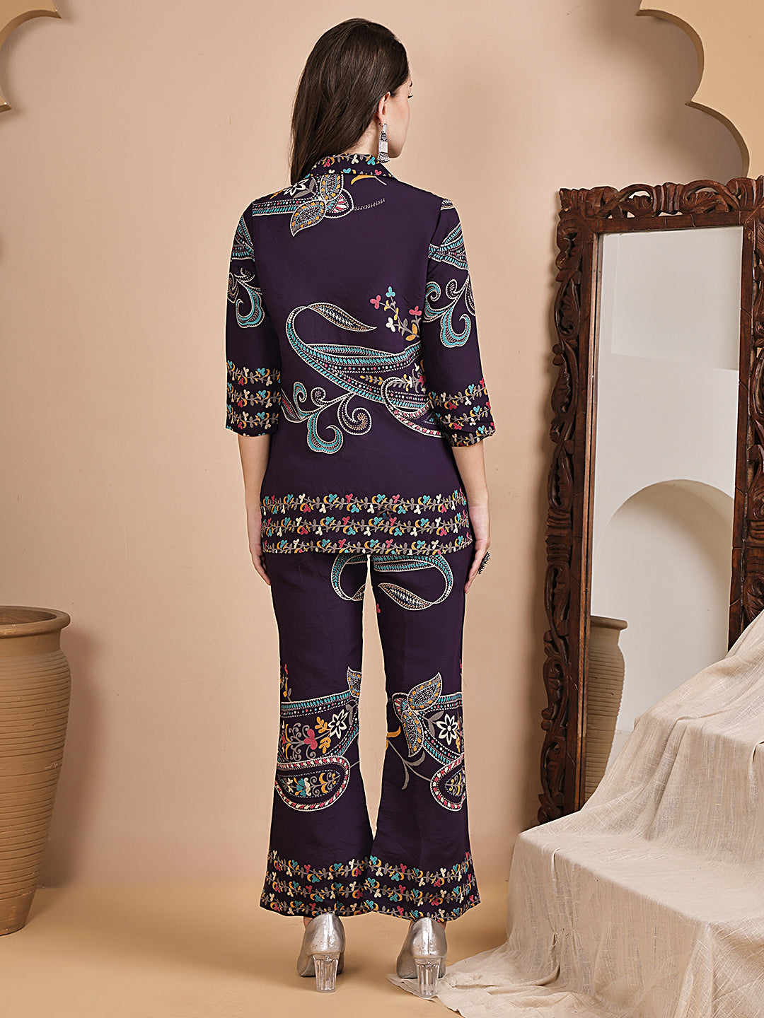 Purple Abstract Printed Chanderi Silk Tunic & Trousers Co-Ord Set for Women | Claura