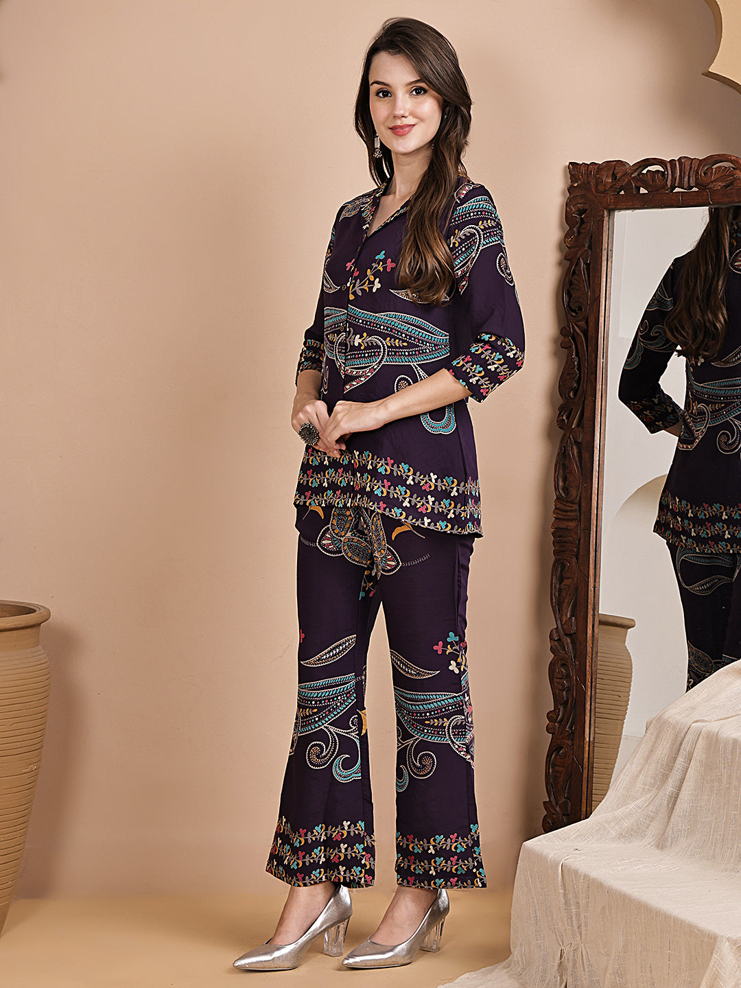 Purple Abstract Printed Chanderi Silk Tunic & Trousers Co-Ord Set for Women | Claura