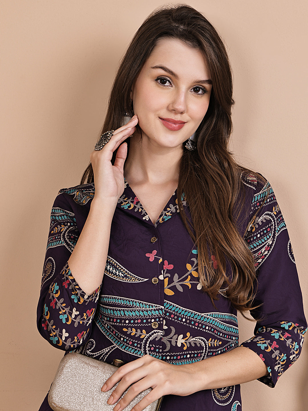 Purple Abstract Printed Chanderi Silk Tunic & Trousers Co-Ord Set for Women | Claura