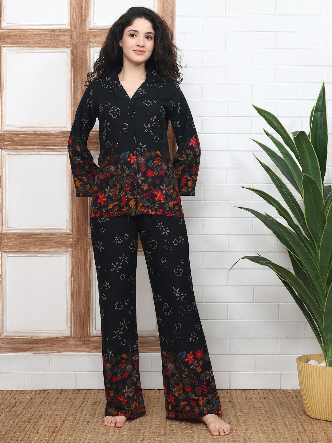 Close-up of Viscose Rayon detail on Black Night Suit for Women