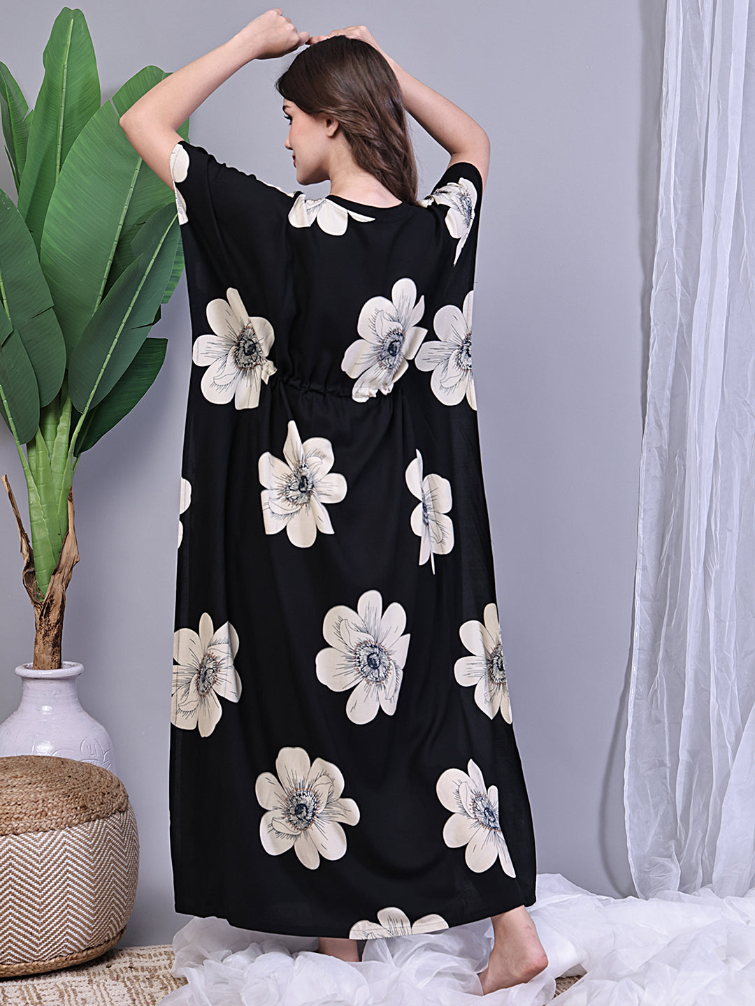Black Color Floral Printed V-Neck Viscose Rayon Kaftan For Women