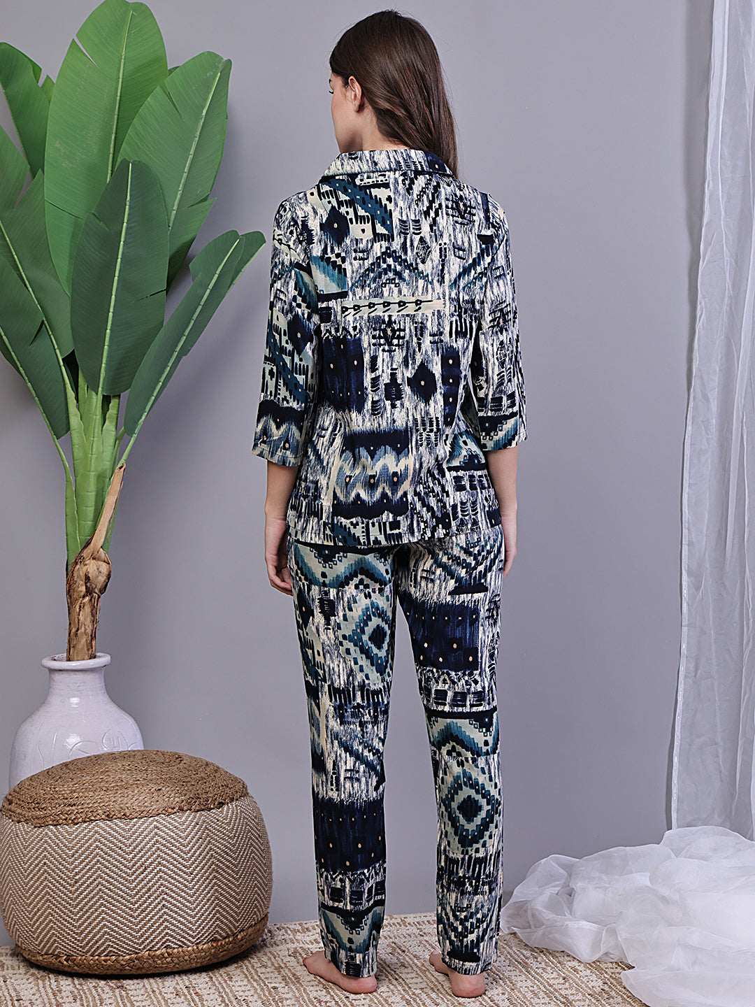 Back view of model in Blue Printed Night Suit