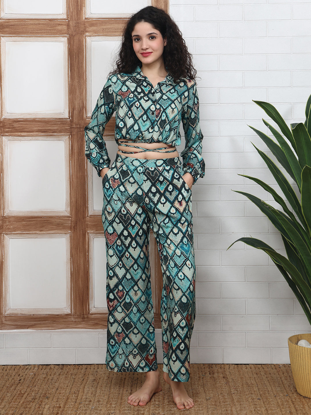 Green Abstract Printed Rayon Casual Co-ord Set for Women
