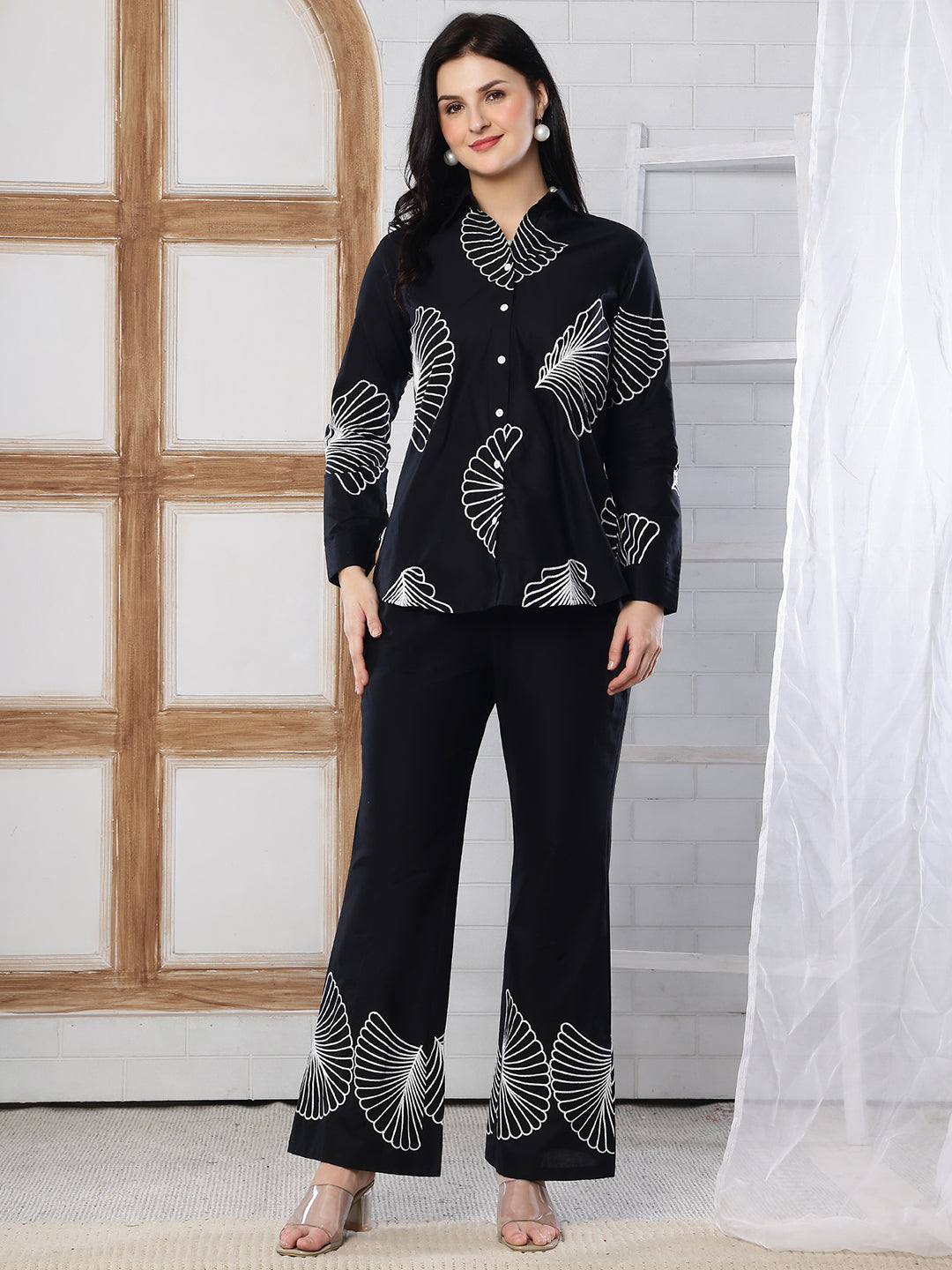Black Embroidered Shirt Collar Co-ord Set | Claura