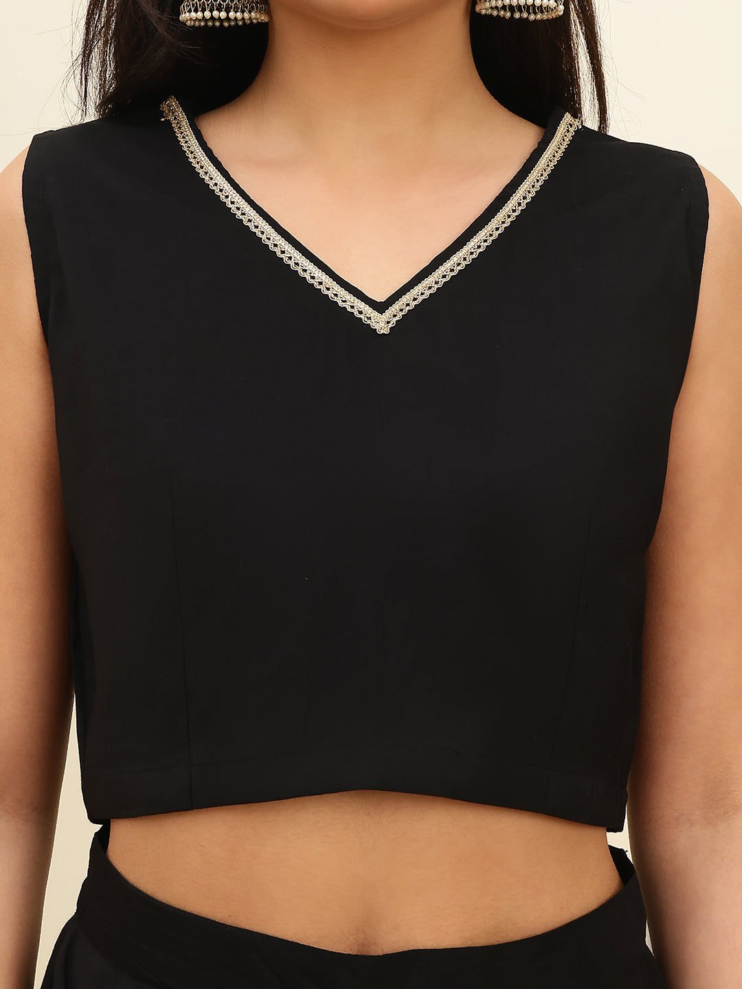 Close-up of Chanderi silk fabric on black co-ord set