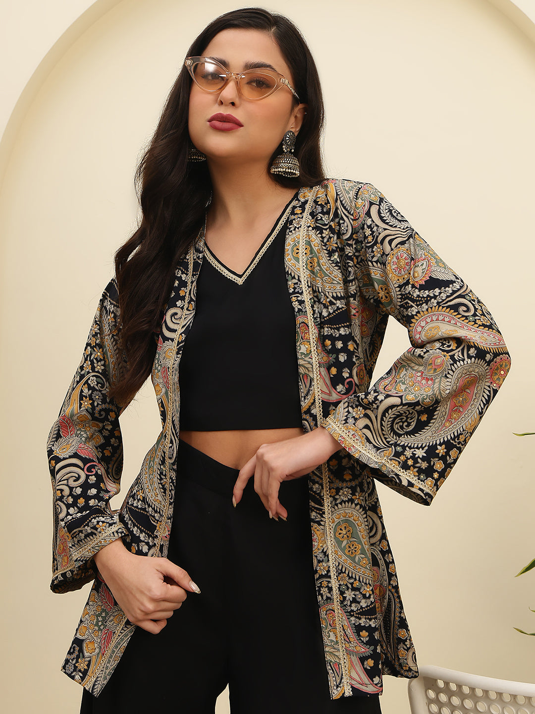 Black Ethnic Chanderi Silk Co-Ord Set for Women With Jacket | Claura