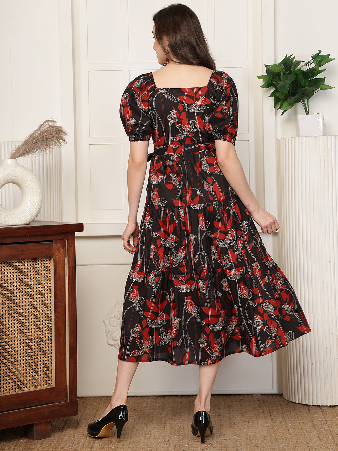 Red Floral Print Cotton Square Neck A-Line Midi Dress | Claura