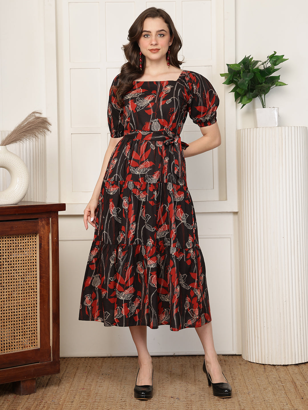 Red Floral Print Cotton Square Neck A-Line Midi Dress | Claura