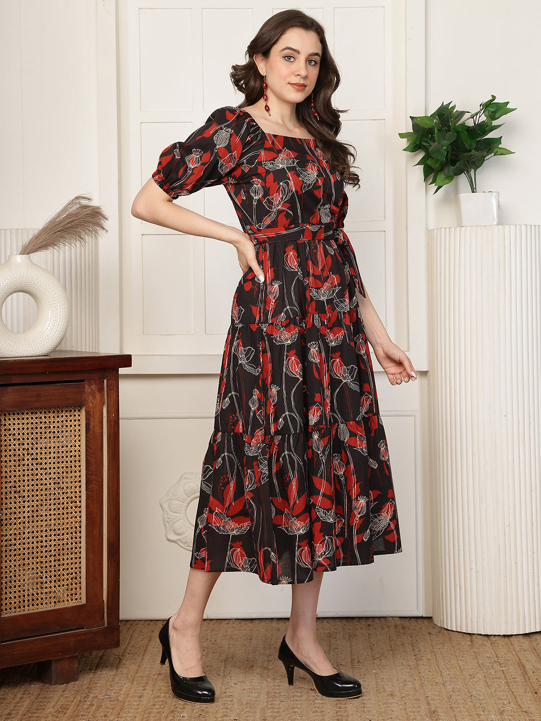 Red Floral Print Cotton Square Neck A-Line Midi Dress | Claura