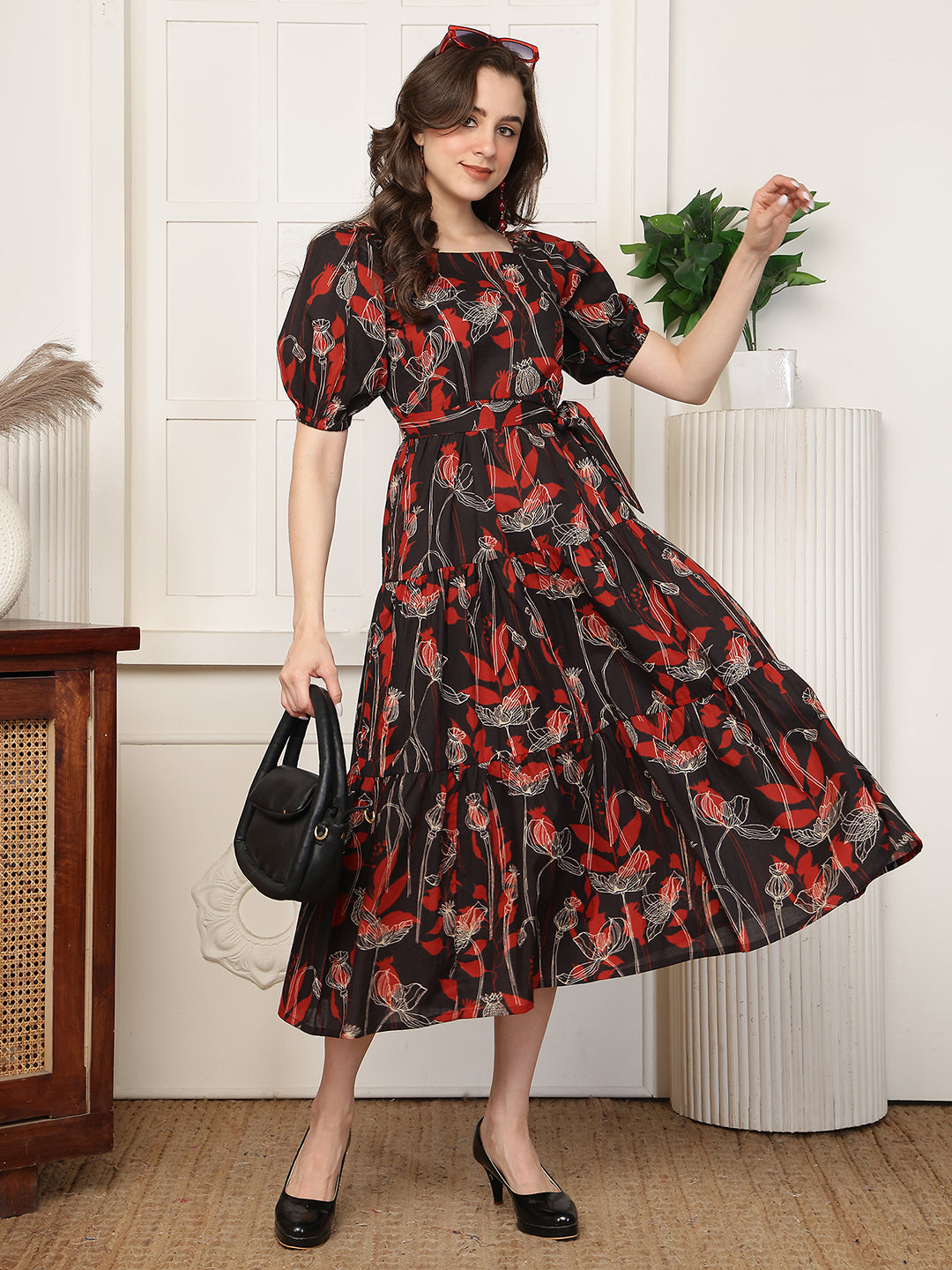 Red Floral Print Cotton Square Neck A-Line Midi Dress | Claura