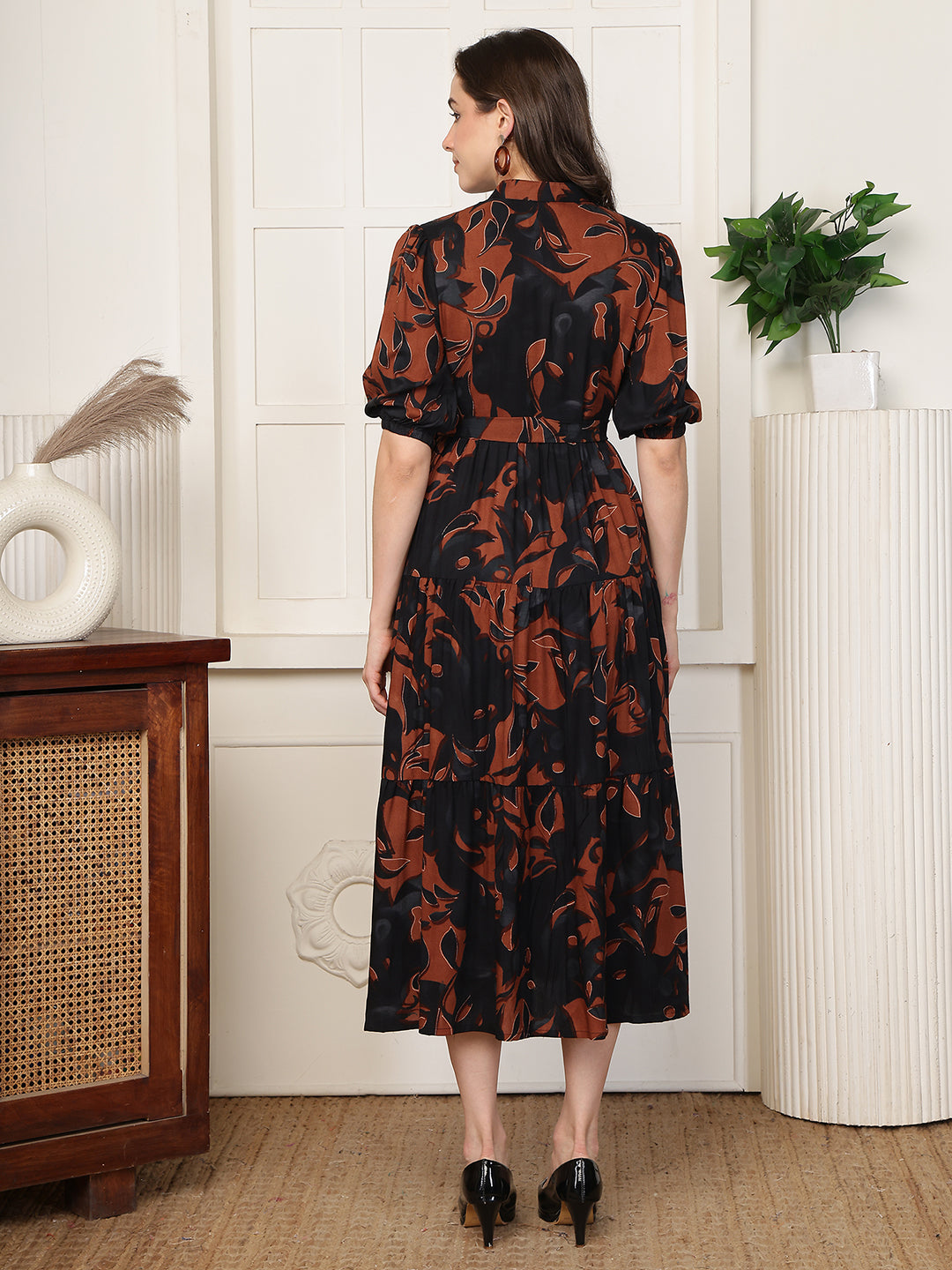 Black Abstract Print Cotton Mandarin Collar A-Line Midi Dress | Claura