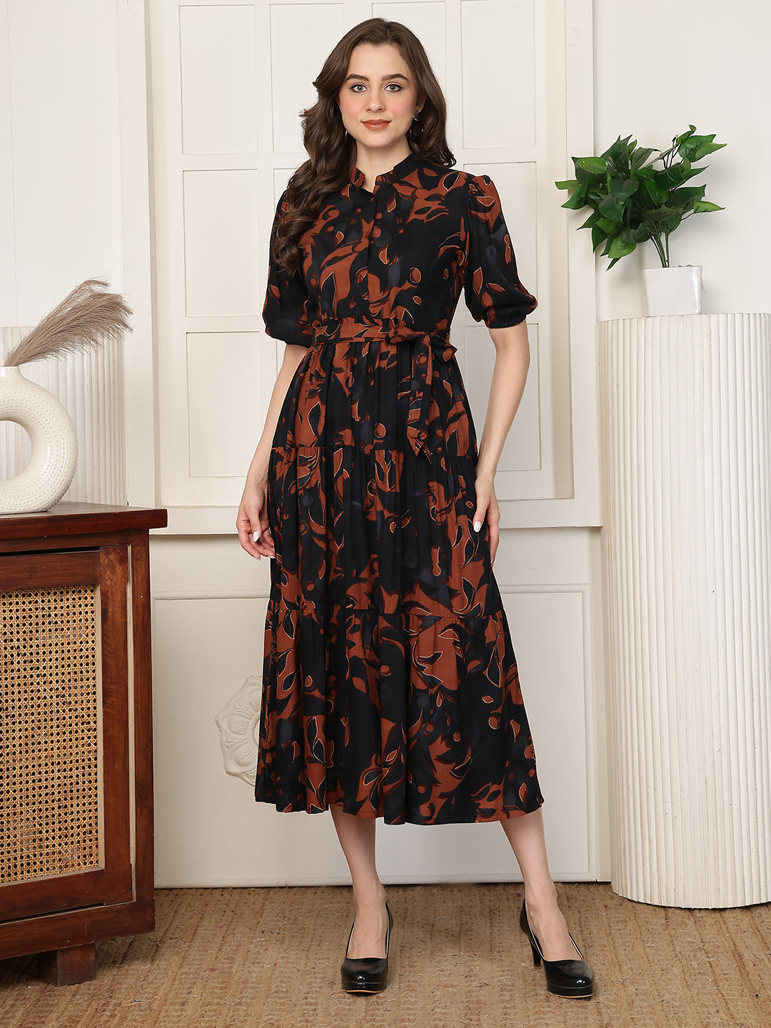 Black Abstract Print Cotton Mandarin Collar A-Line Midi Dress | Claura