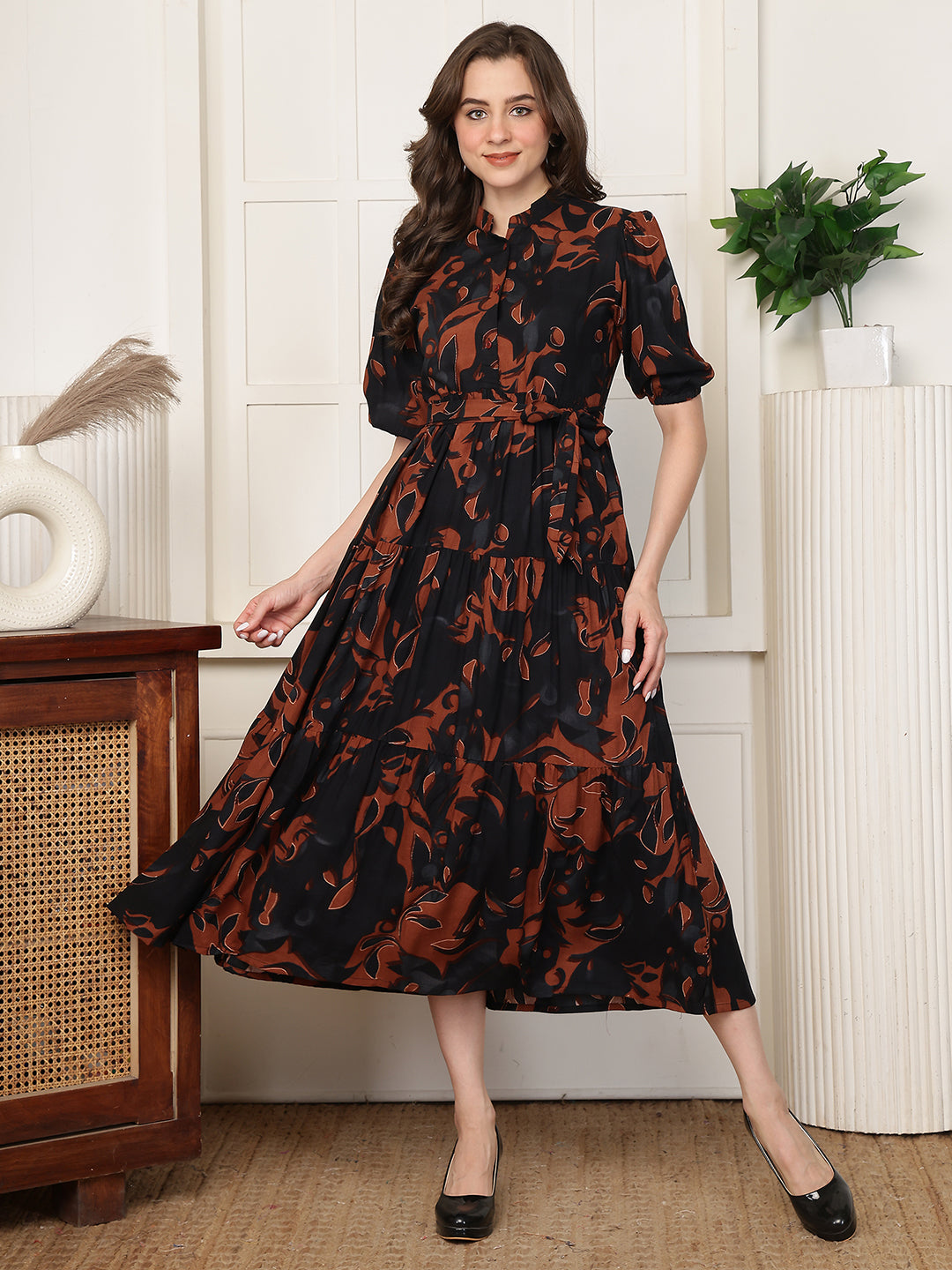 Black Abstract Print Cotton Mandarin Collar A-Line Midi Dress | Claura