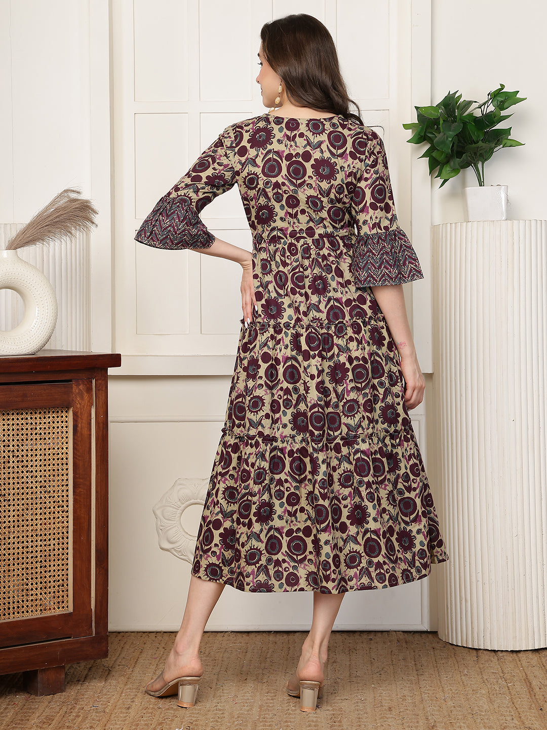 Maroon Floral Print Flared Sleeve A-Line Midi Dress | Claura