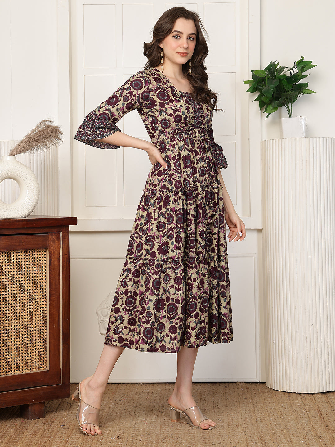 Maroon Floral Print Flared Sleeve A-Line Midi Dress | Claura