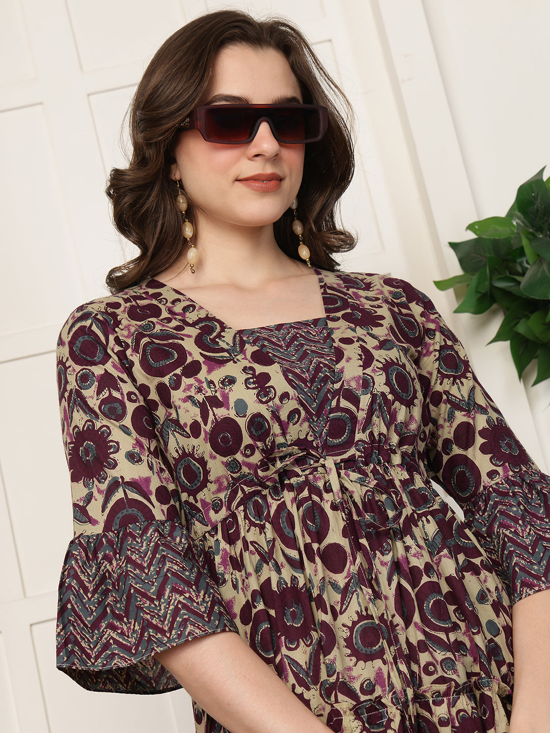 Maroon Floral Print Flared Sleeve A-Line Midi Dress | Claura