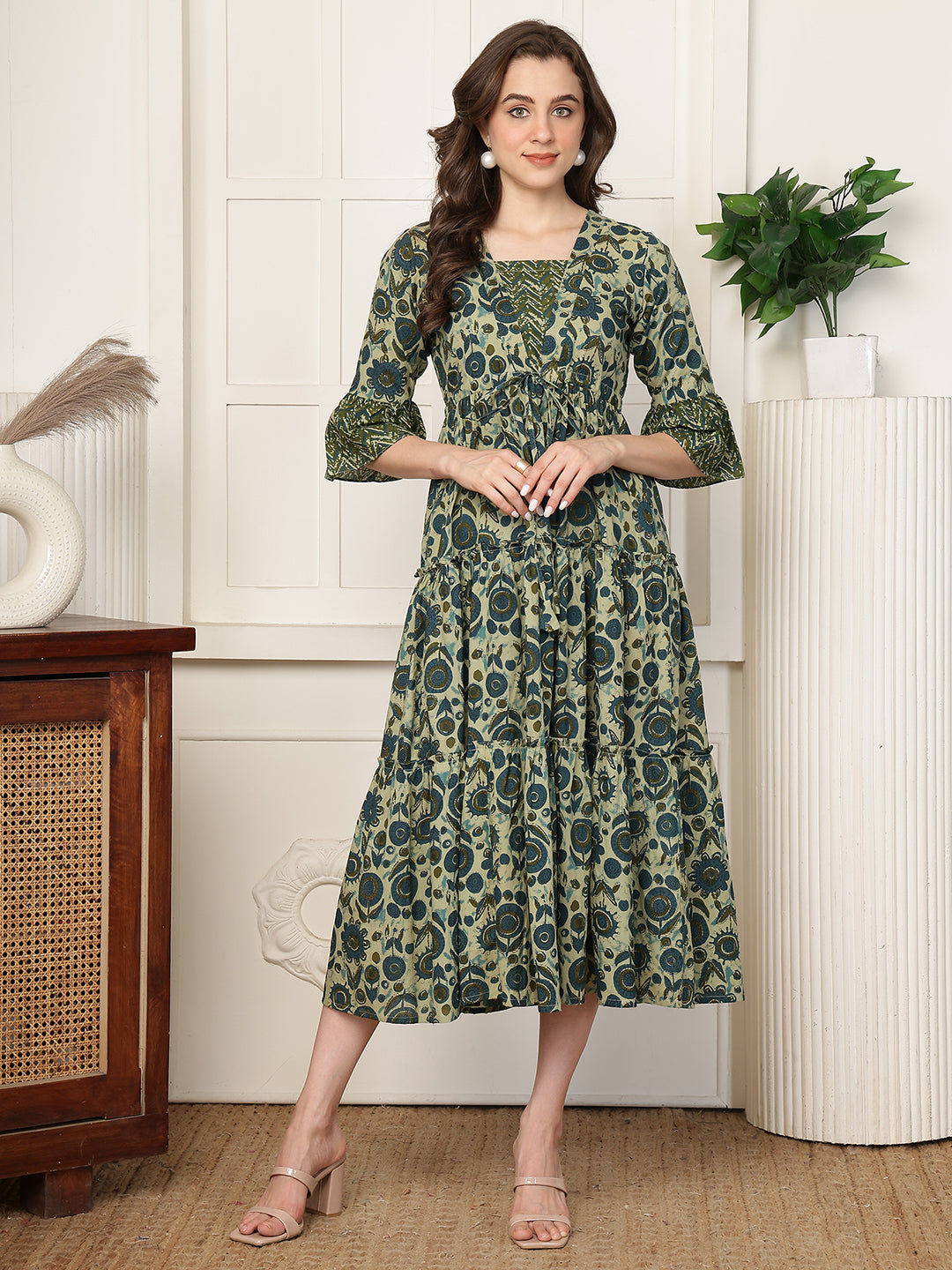 Green Floral Print Flared Sleeve A-Line Midi Dress | Claura