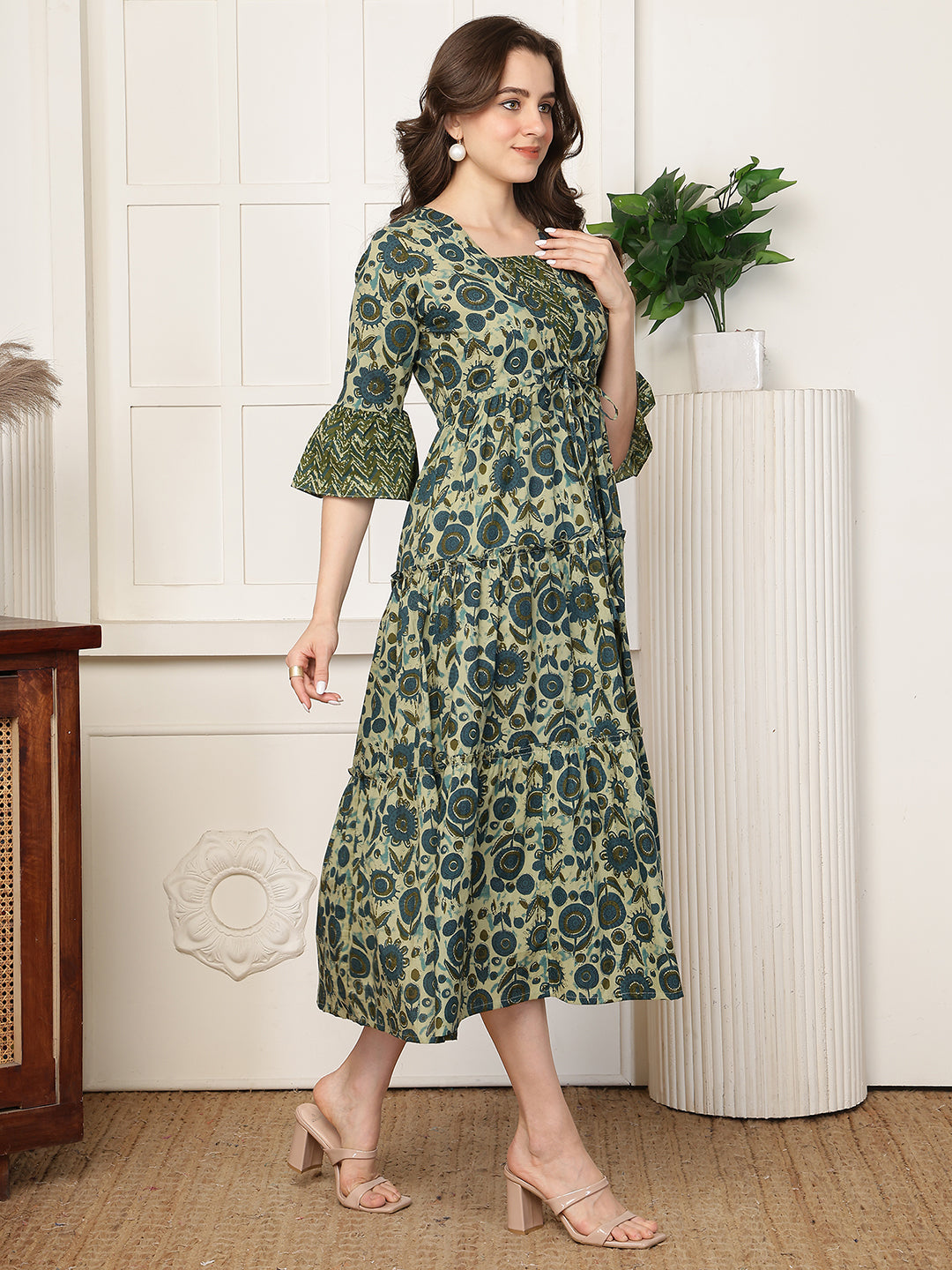 Green Floral Print Flared Sleeve A-Line Midi Dress | Claura