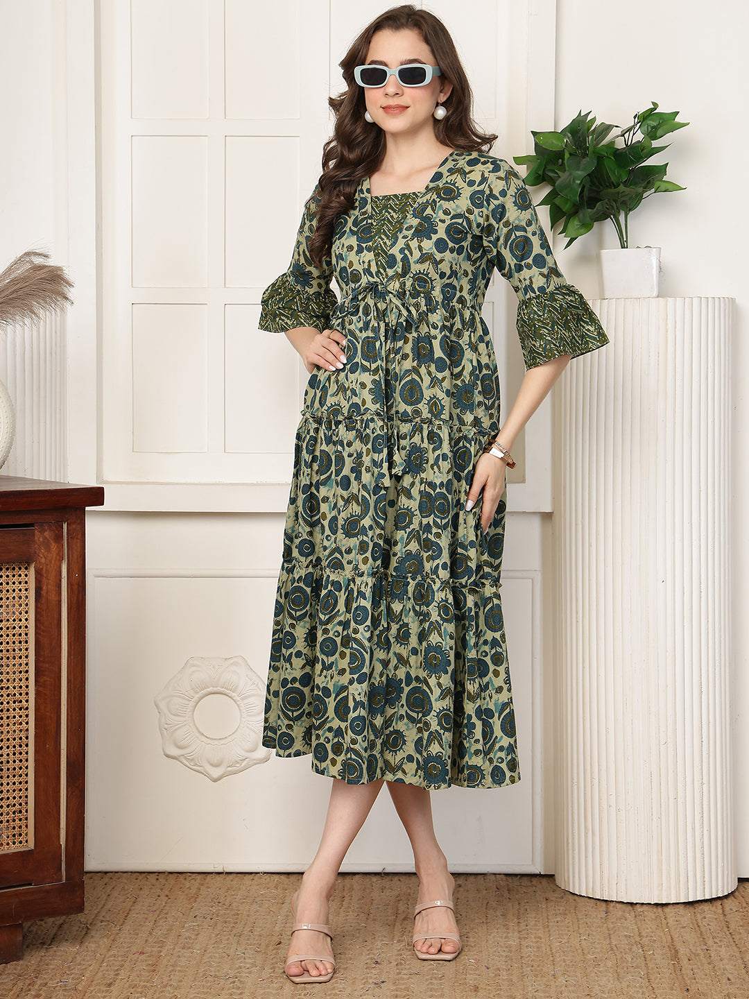 Green Floral Printed Square Neck A-Line Midi Dress | Claura