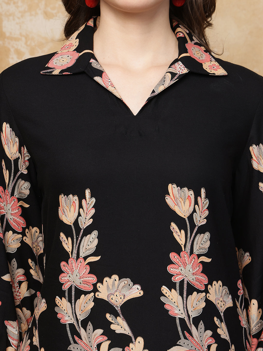 Black Floral Print Top with Flared Trousers Co-ord Set | Claura