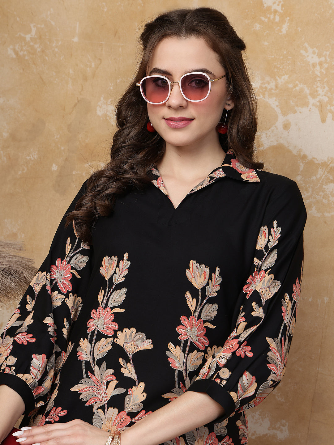 Black Floral Print Top with Flared Trousers Co-ord Set | Claura