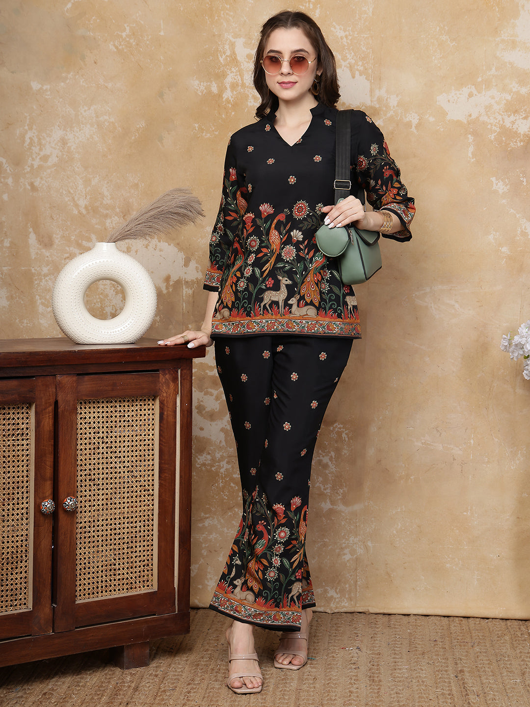Black Peacock Printed Tunic with Printed Palazzos | Claura