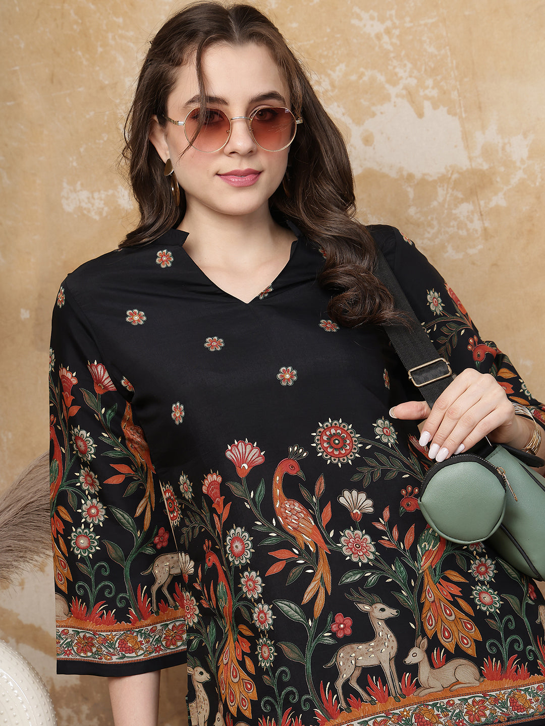 Black Peacock Printed Tunic with Printed Palazzos | Claura