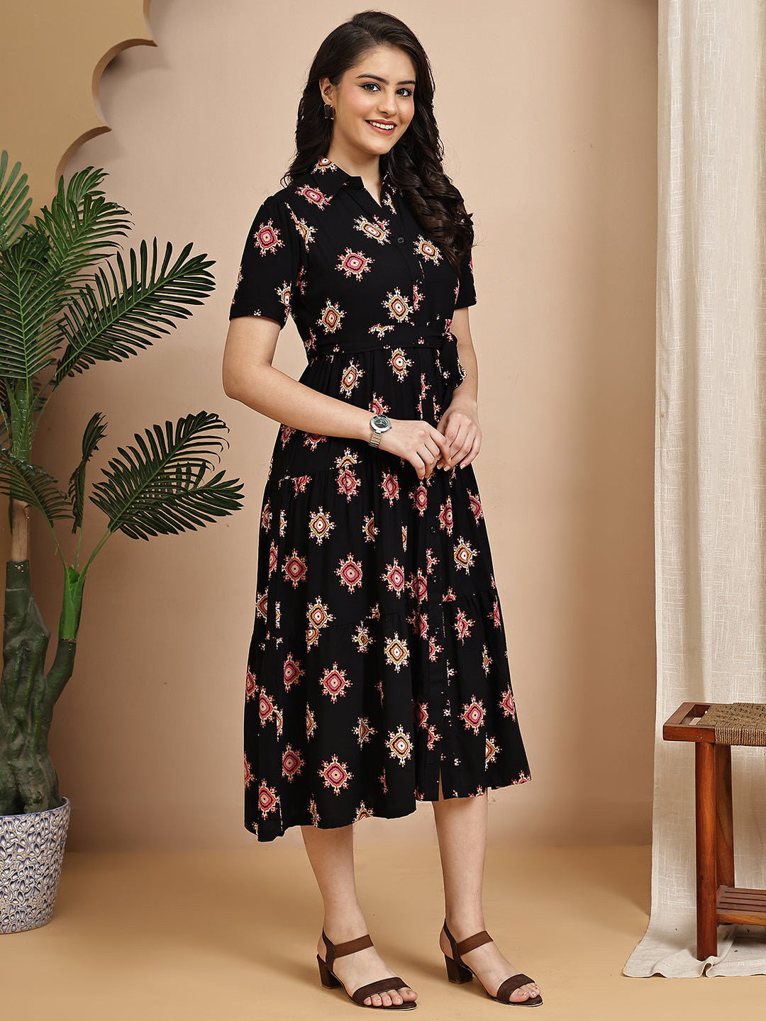 Black Colour Floral Printed Viscose Rayon Dress For Women