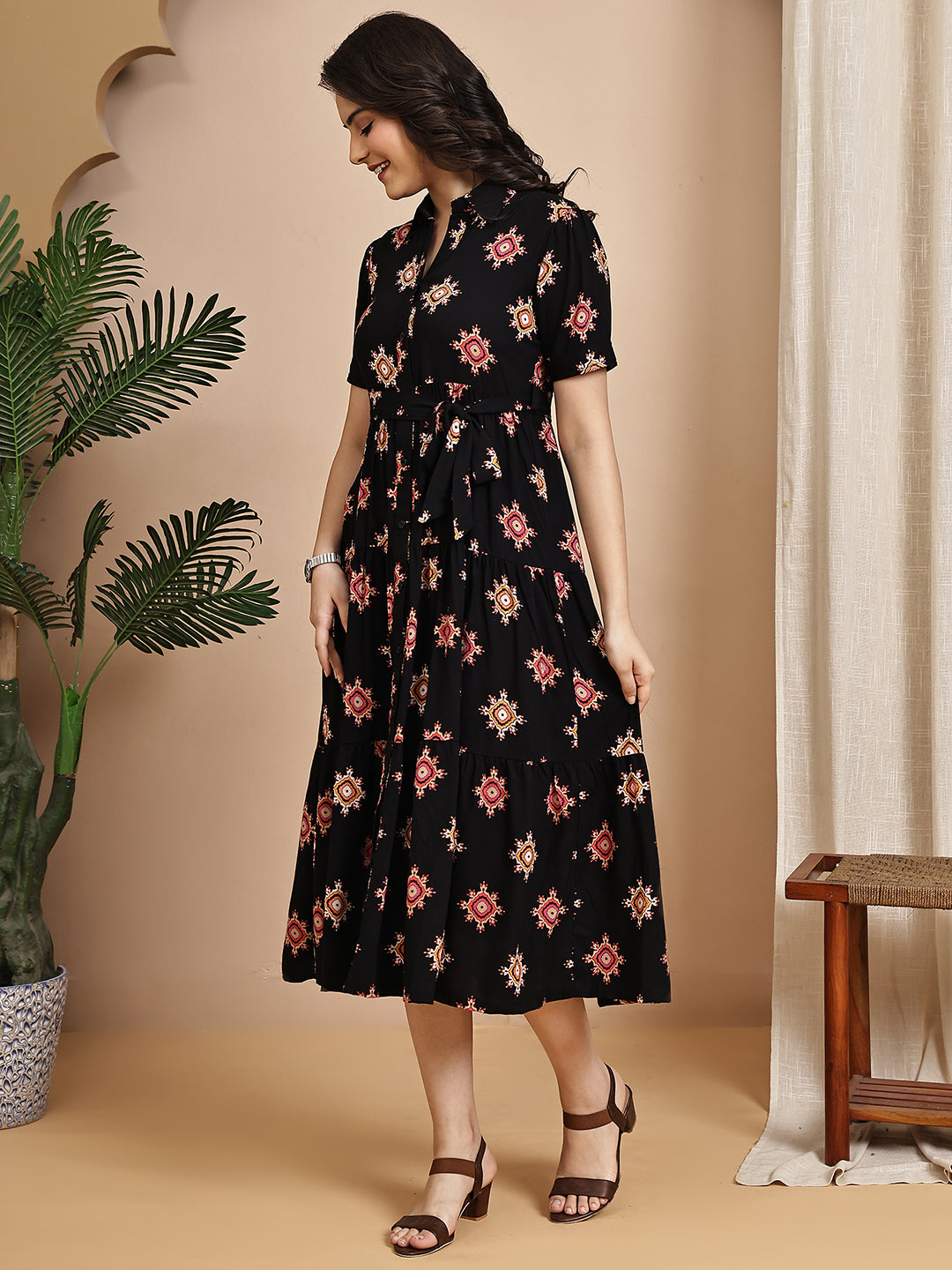 Black Colour Floral Printed Viscose Rayon Dress For Women