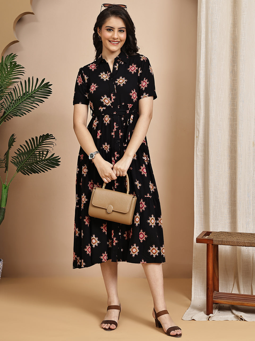 Black Colour Floral Printed Viscose Rayon Dress For Women