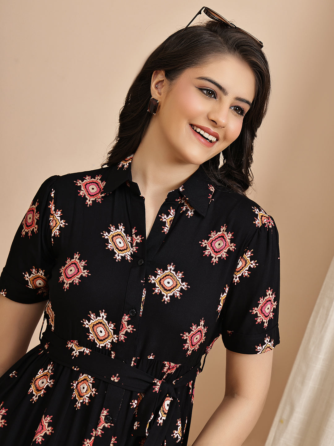 Black Colour Floral Printed Viscose Rayon Dress For Women