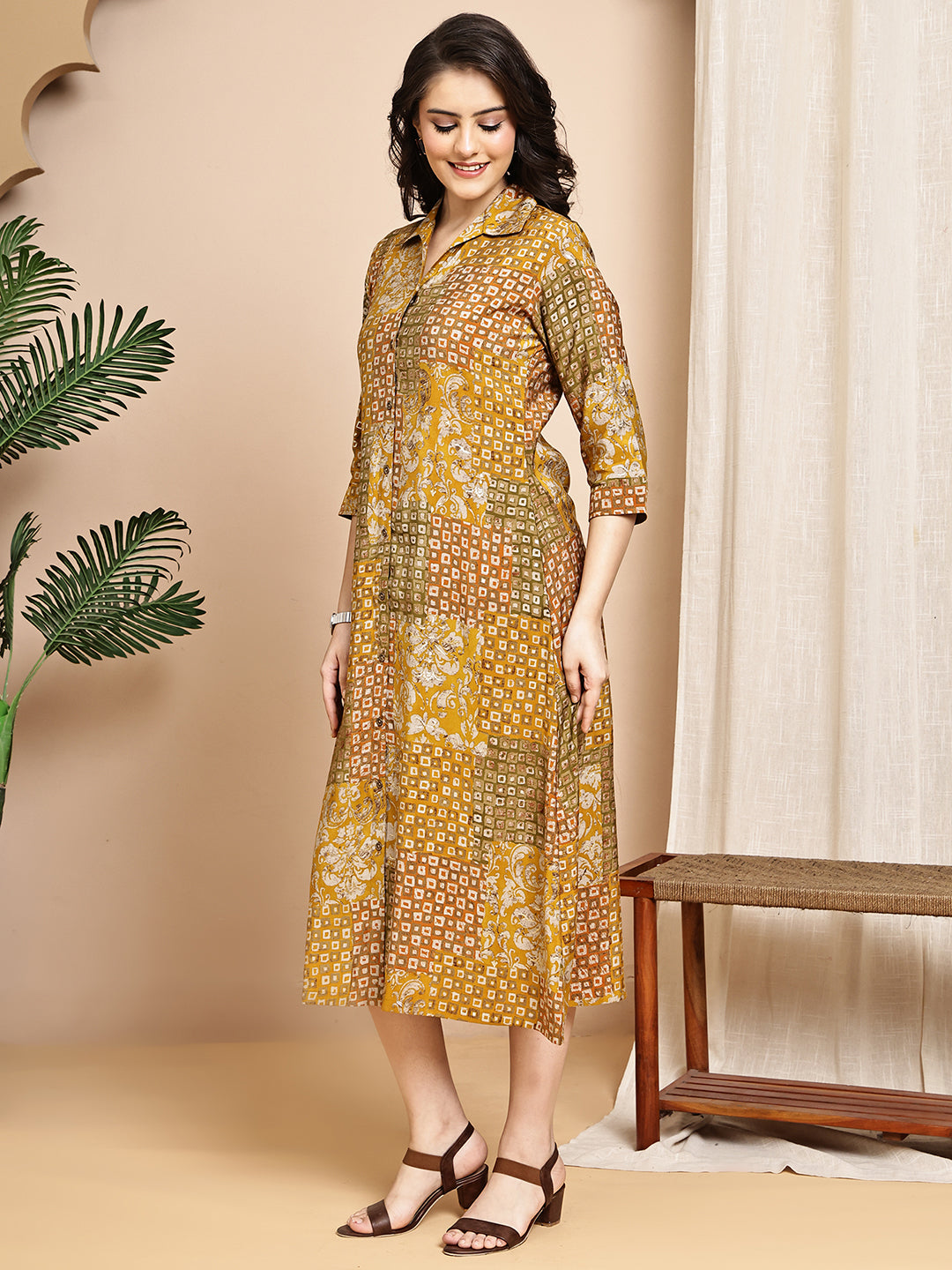 Mustard Colour Abstract Printed Premium Chanderi Dress For Women