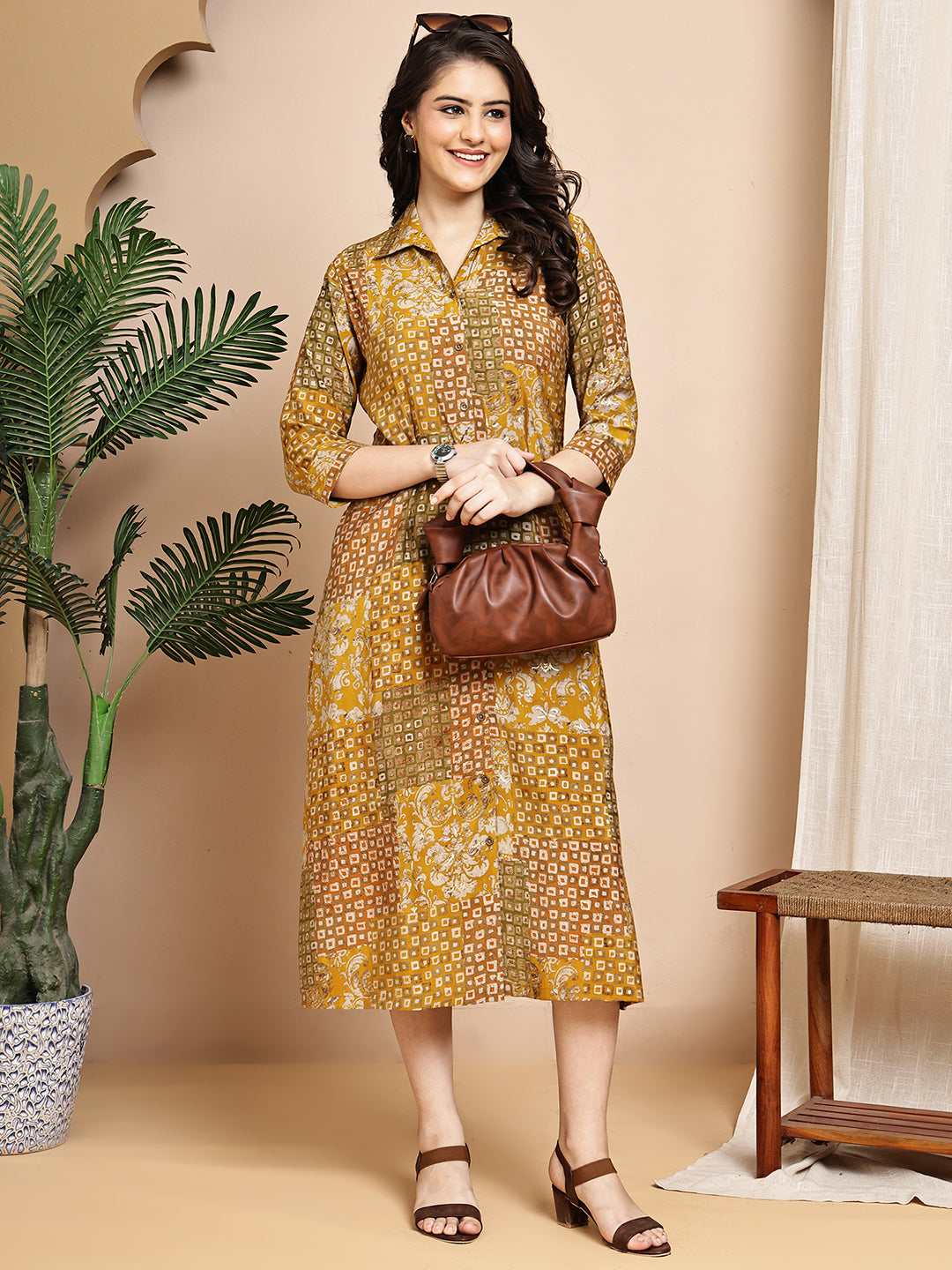 Mustard Colour Abstract Printed Premium Chanderi Dress For Women