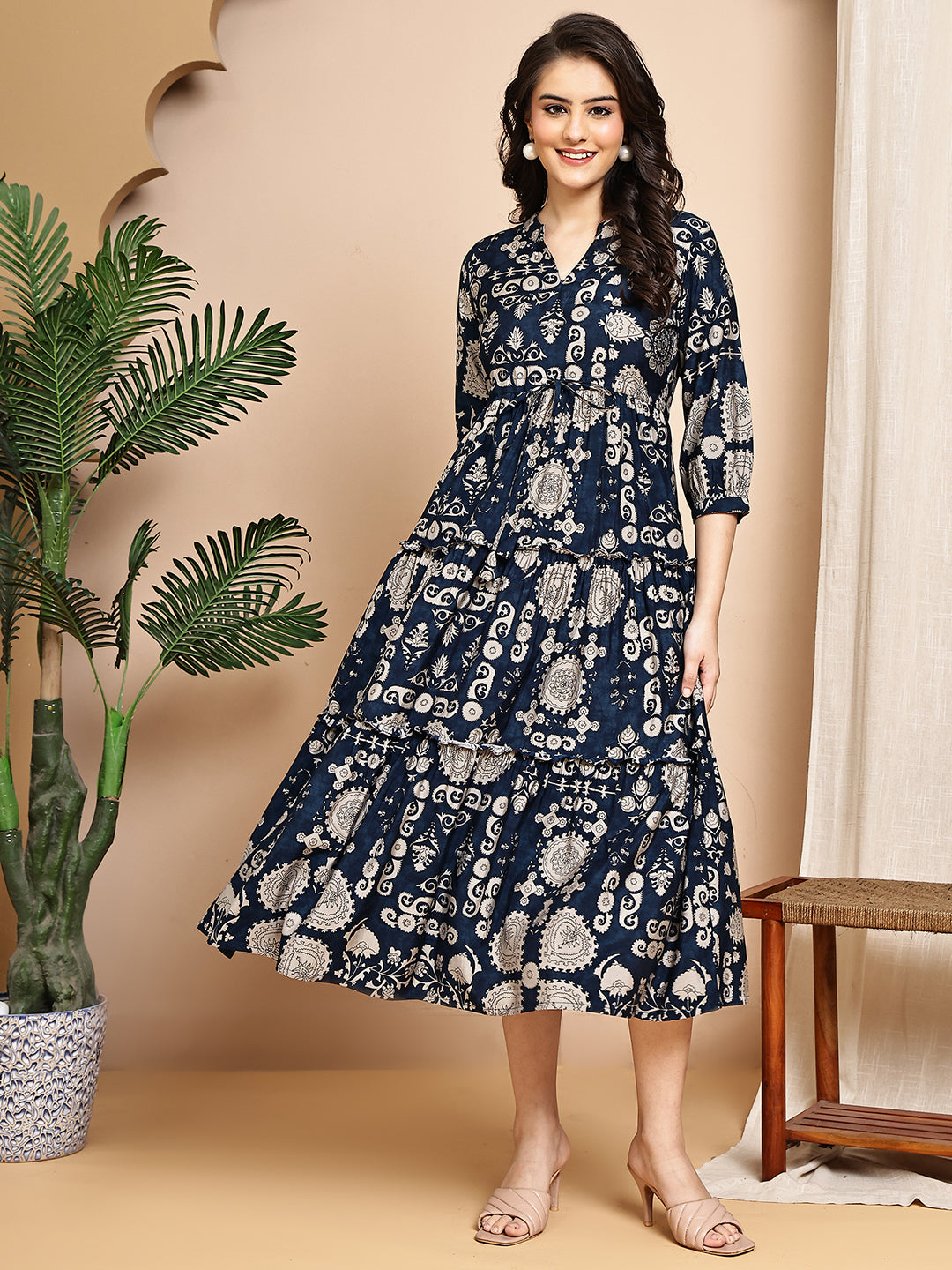 Navy Blue Colour Abstract Printed Ethnic Chanderi Premium Dress For Women