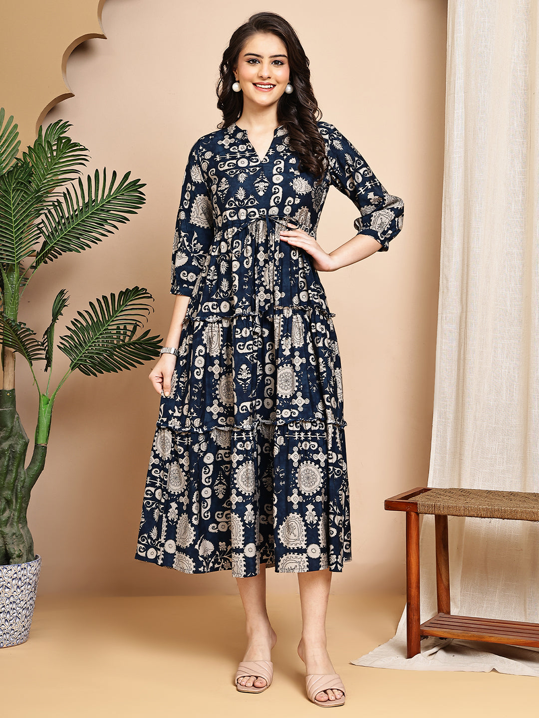 Navy Blue Colour Abstract Printed Ethnic Chanderi Premium Dress For Women