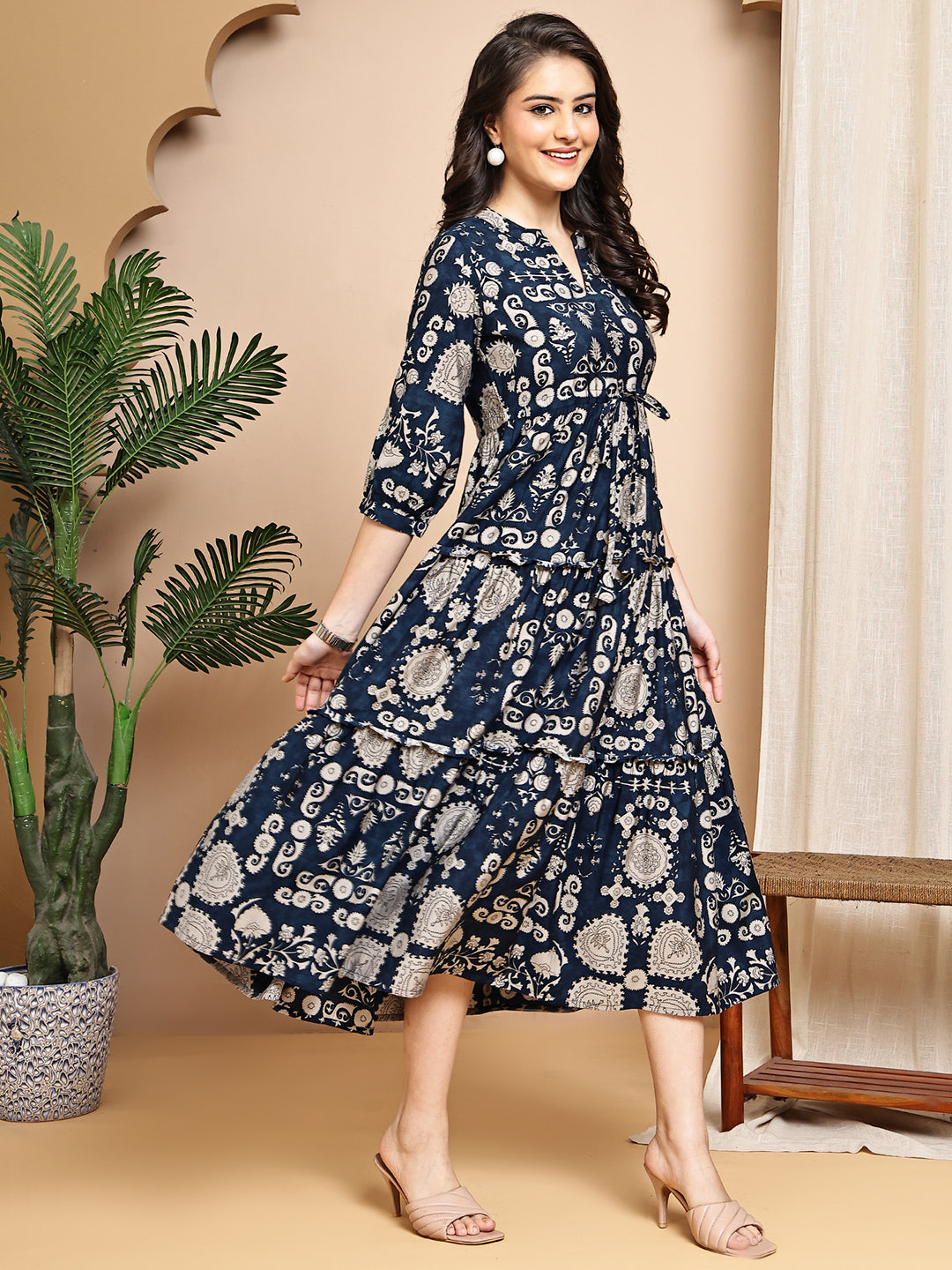 Navy Blue Colour Abstract Printed Ethnic Chanderi Premium Dress For Women