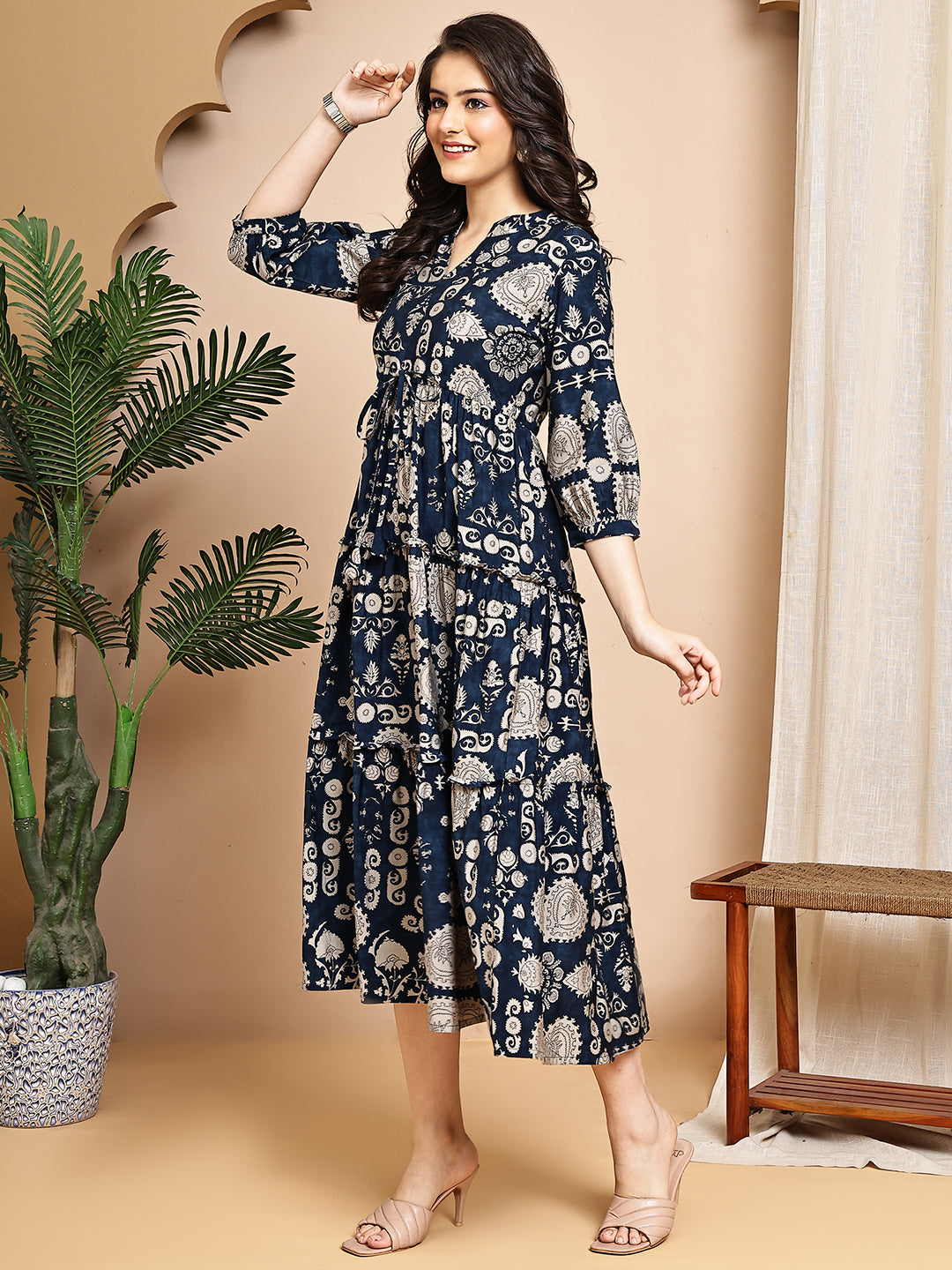 Navy Blue Colour Abstract Printed Ethnic Chanderi Premium Dress For Women