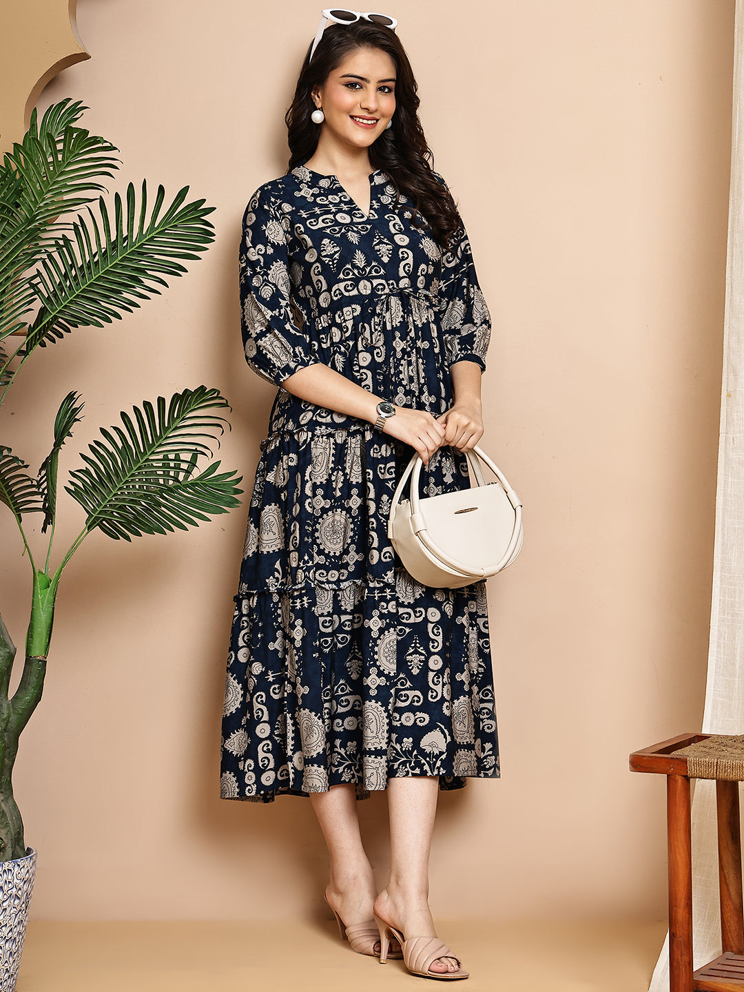 Navy Blue Colour Abstract Printed Ethnic Chanderi Premium Dress For Women