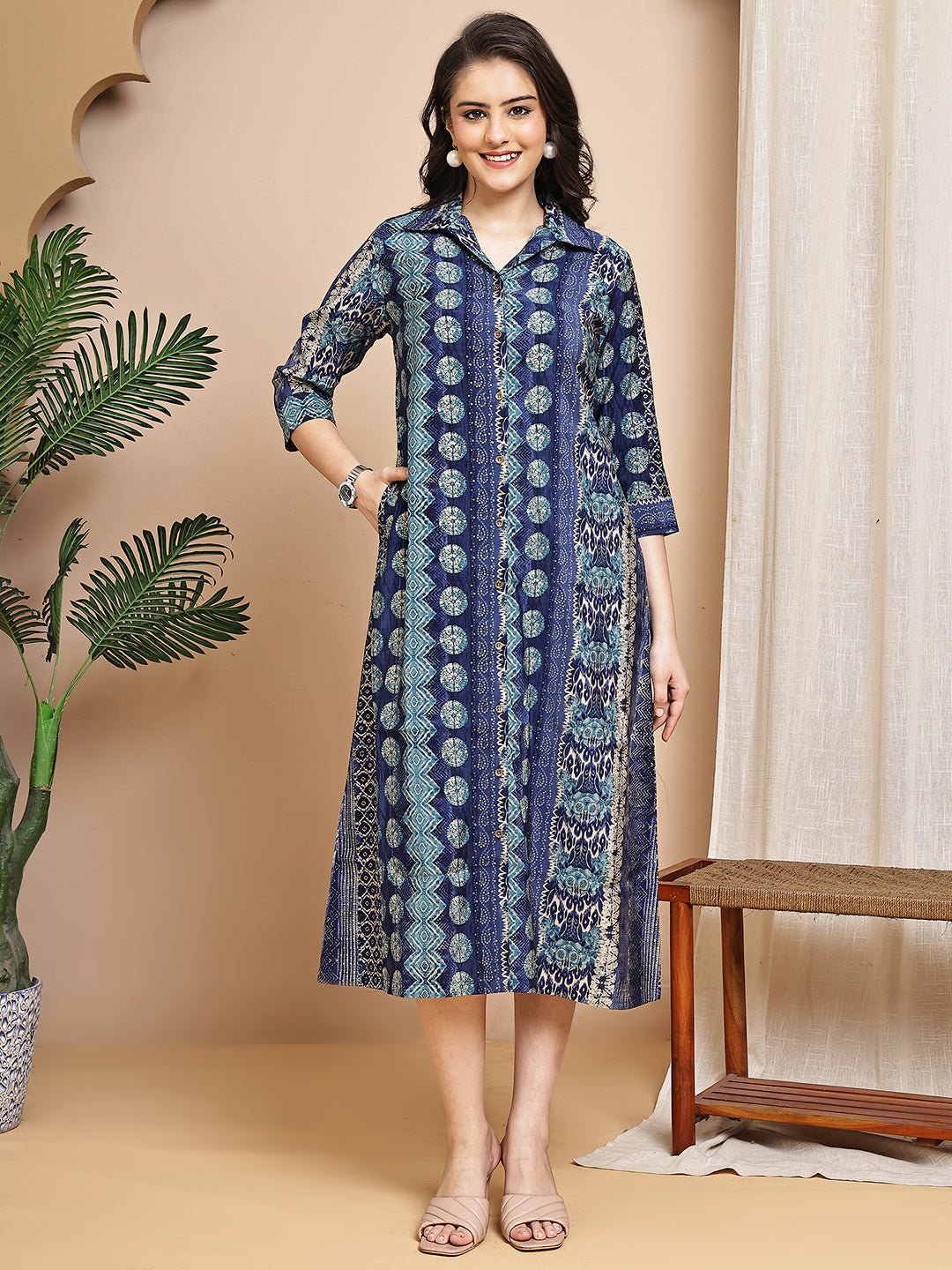 Blue Colour Abstract Printed Premium Chanderi Dress For Women