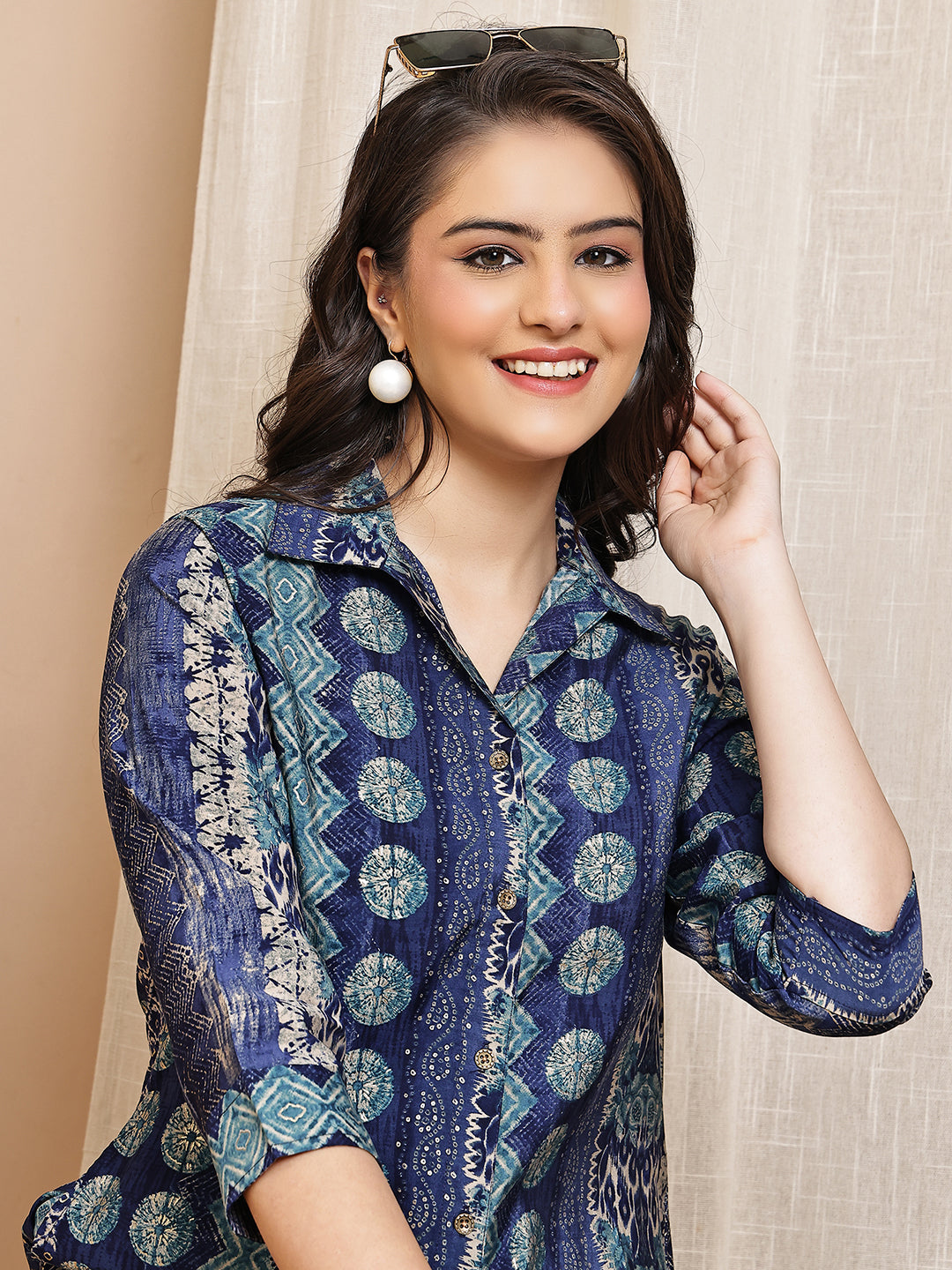 Blue Colour Abstract Printed Premium Chanderi Dress For Women