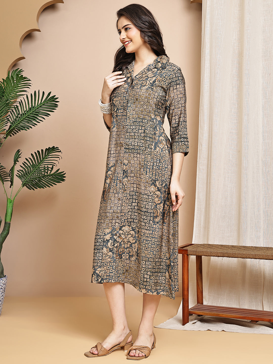Grey Colour Abstract Printed Premium Chanderi Dress For Women
