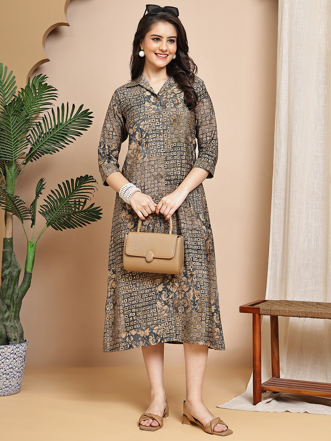 Grey Colour Abstract Printed Premium Chanderi Dress For Women