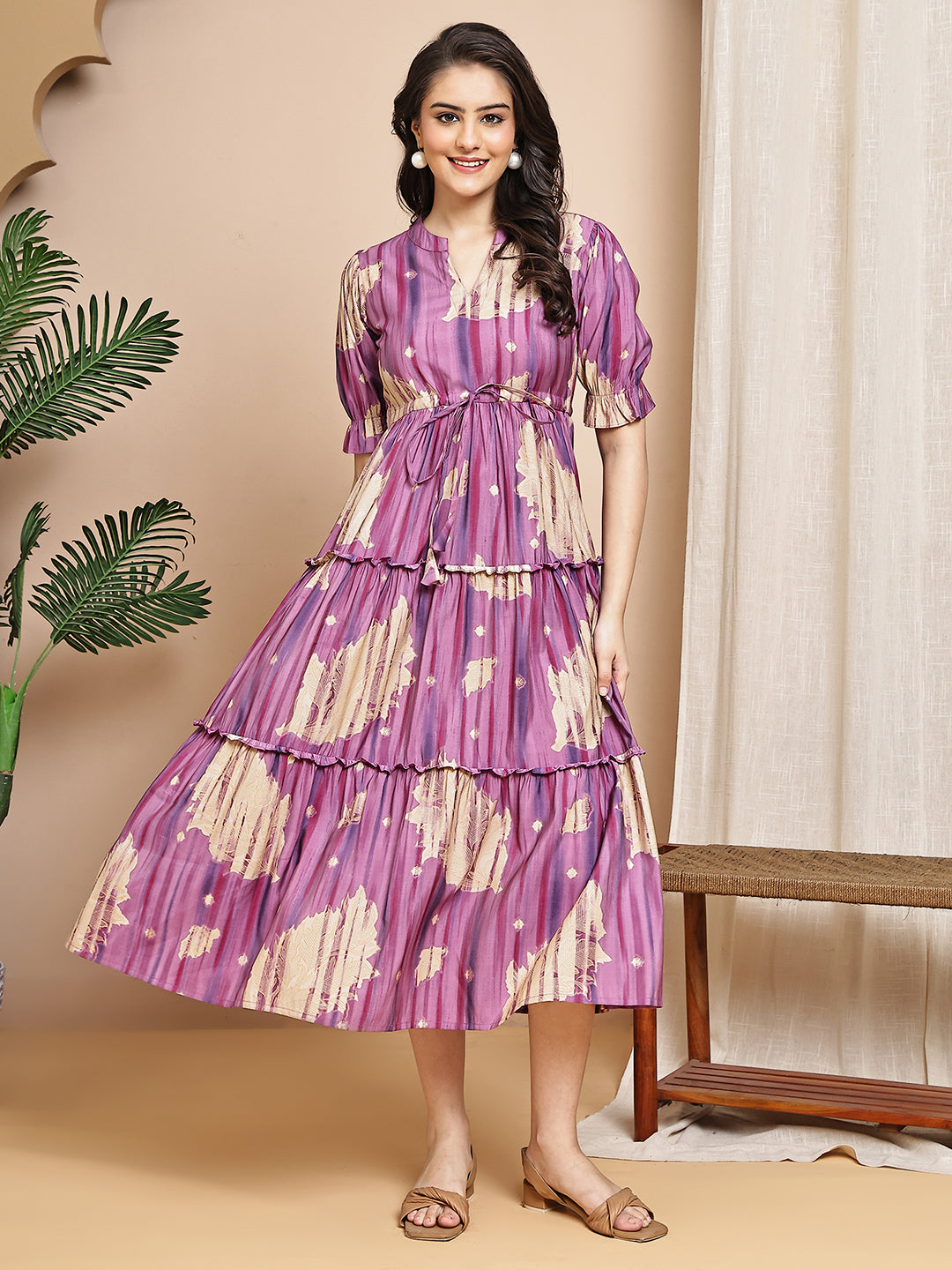 Purple Colour Floral Printed Chanderi Premium Dress For Women