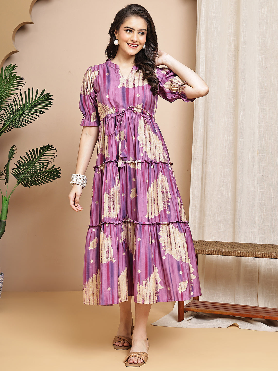Purple Colour Floral Printed Chanderi Premium Dress For Women