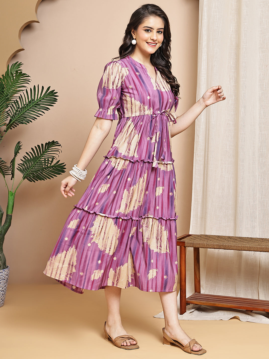 Purple Colour Floral Printed Chanderi Premium Dress For Women