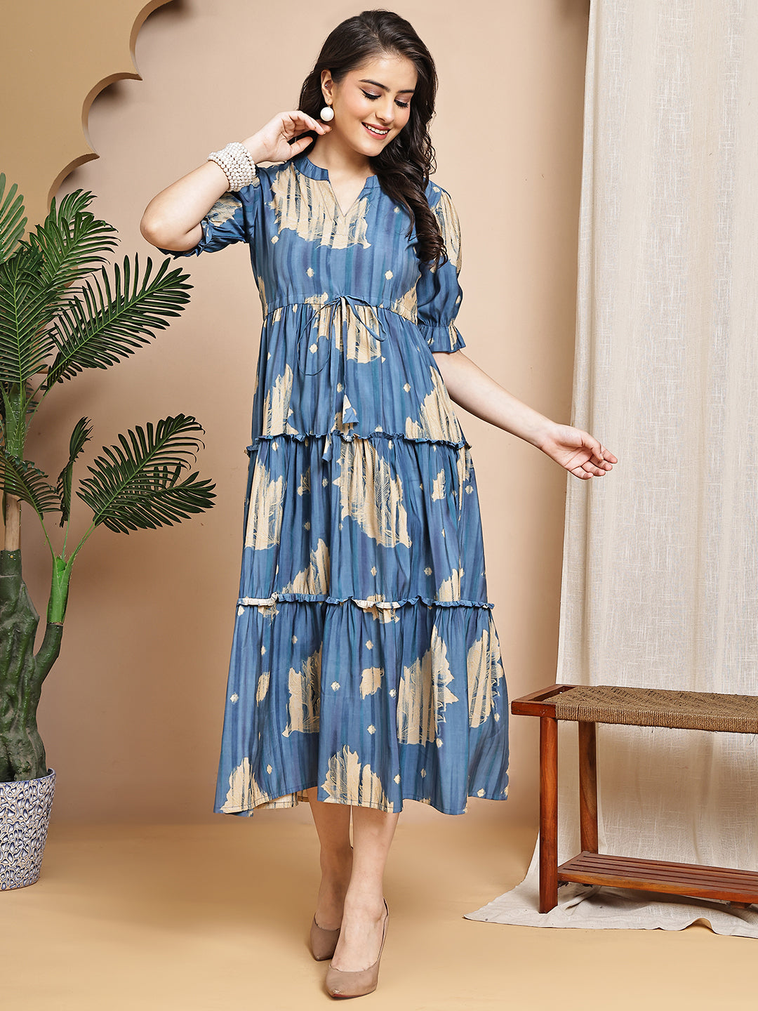 Blue Colour Floral Printed Chanderi Premium Dress For Women