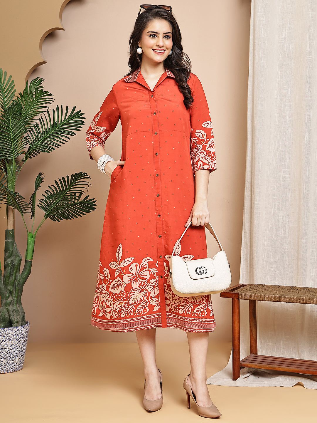 Orange Colour Floral Printed Chanderi Premium Dress For Women