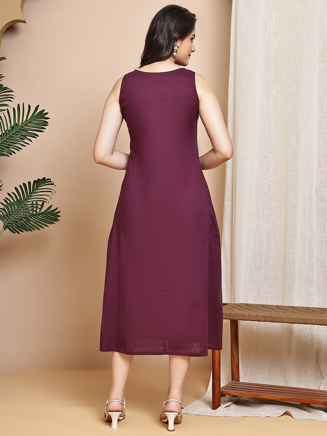 Wine Colour Floral Printed Cotton Dress For Women