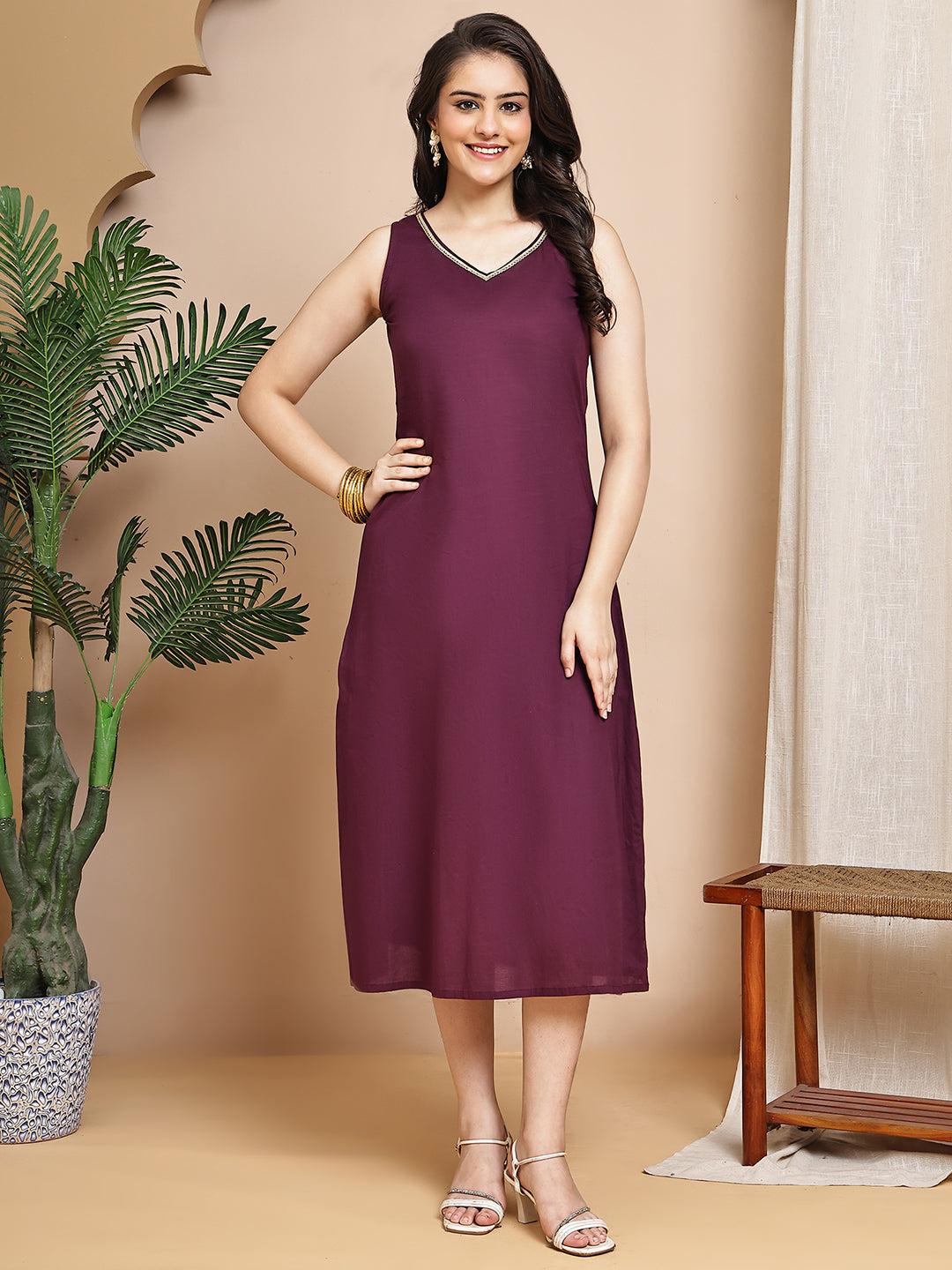 Wine Colour Floral Printed Cotton Dress For Women