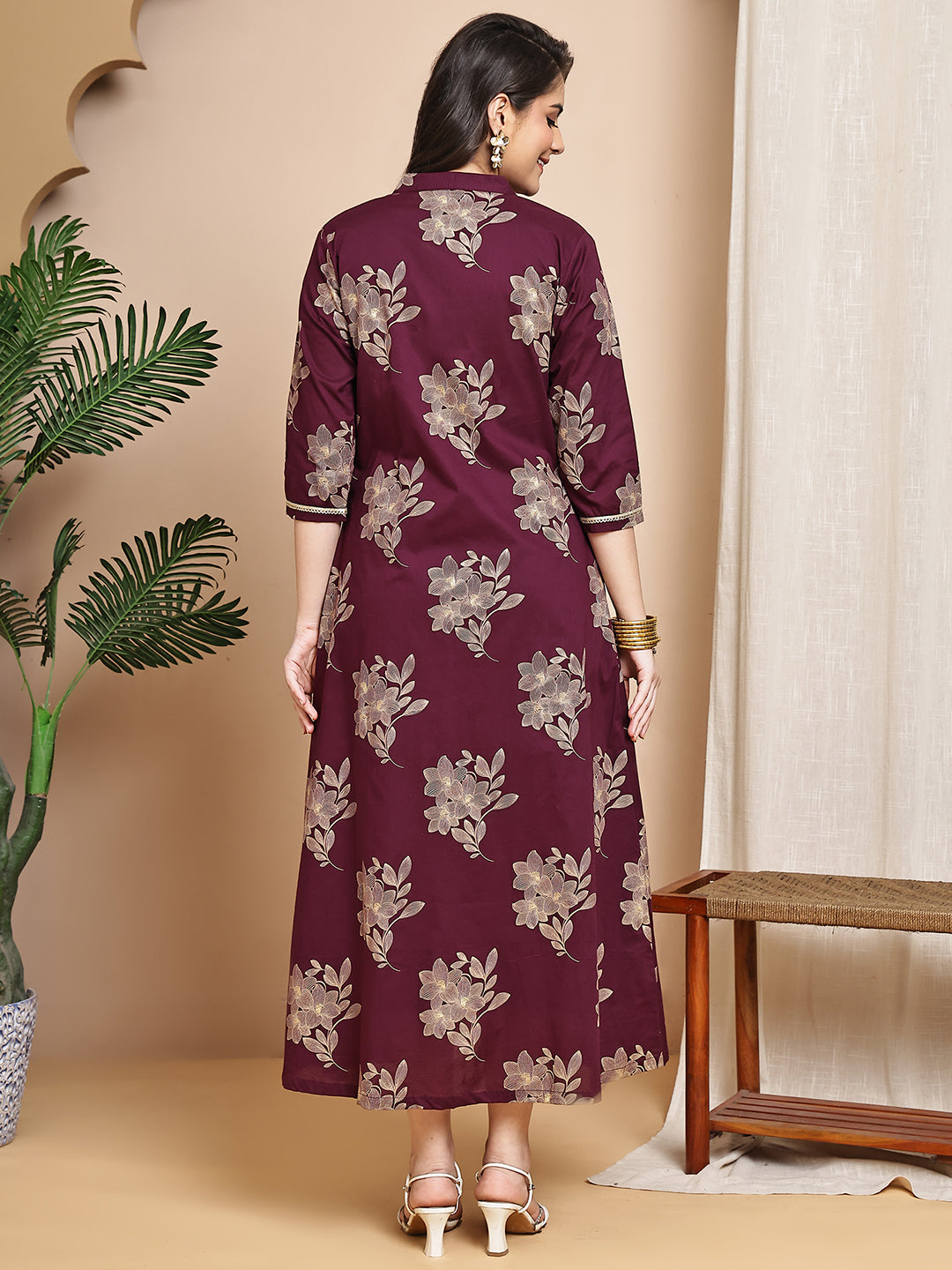 Wine Colour Floral Printed Cotton Dress For Women